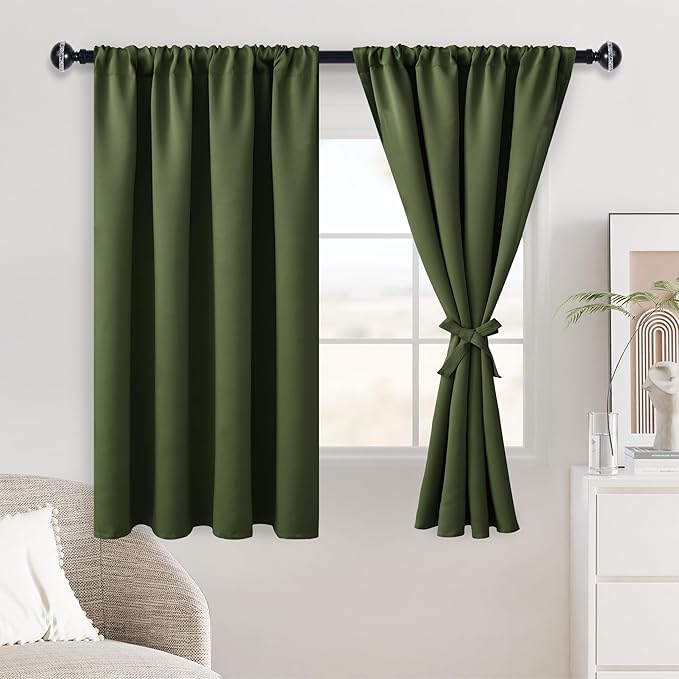 JIUZHEN Christmas Blackout Curtains for Bedroom - Thermal Insulated Room Darkening Rod Pocket Curtains for Living Room, Set of 2 Panels with Tiebacks, 38 x 54 inches Long, Olive Green
