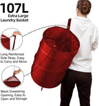BATTOO Collapsible Laundry Baskets- Foldable Hamper for Laundry Extra Large Pop Up Laundry Hamper 107L with Long Straps Drawstring Clothes Hamper for Bathroom, Campout, Dorm or Travel Red