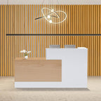 L-Shaped Modern Reception Desk with Counter & Storage - 71" Large Office Front Desk, Salon Checkout Counter with Lockable Cabinets, Shelves (Oak & White, Right - 71''L x 34''W x 41''H)