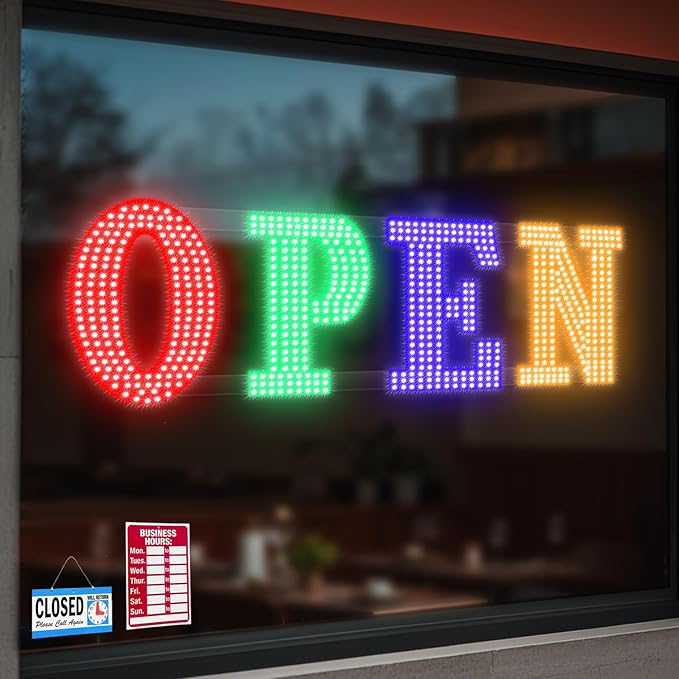 40'' x 14" LED Open Signs for Business, Super Bright Large Open Closed Sign with Hanging Installation, Light Up Sign for Bar Store Restaurant Office Hotel Salon (Red Green BlueYellow)