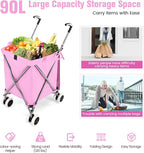 GOFLAME Folding Shopping Cart on Wheels, Waterproof Grocery Cart with Removable Cover and 360° Swiveling Wheels, Collapsible Utility Cart for Groceries and Laundry, 120LBS Load Capacity, Pink