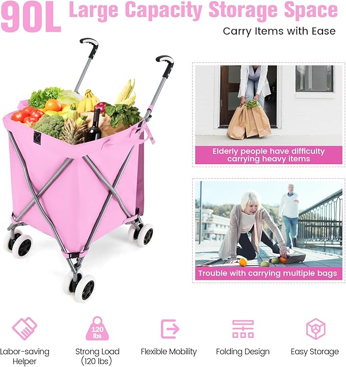 GOFLAME Folding Shopping Cart on Wheels, Waterproof Grocery Cart with Removable Cover and 360° Swiveling Wheels, Collapsible Utility Cart for Groceries and Laundry, 120LBS Load Capacity, Pink