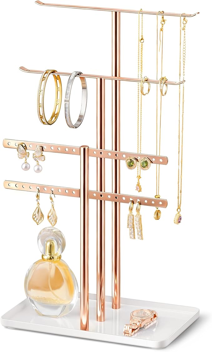 pickpiff Rose Gold Jewelry Stand Holder Organizer: 14.5" Sturdy Hanger for 80 Pcs Jewelry, Jewlery Tower for Display Necklace, Earring, Bracelet, Watch