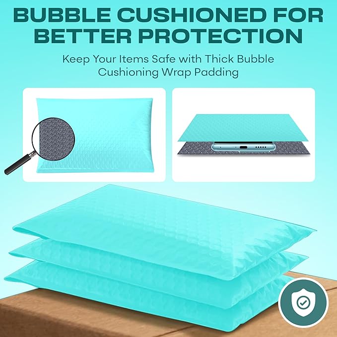 Teal Small Poly Bubble Mailers 6x10 inch #0 | Self Seal Padded Envelopes | Cushioned Bubble Mailer | Usable Size 6x9 | WaterProof | Lightweight mailing Shipping Bags | 500 Pack Bulk