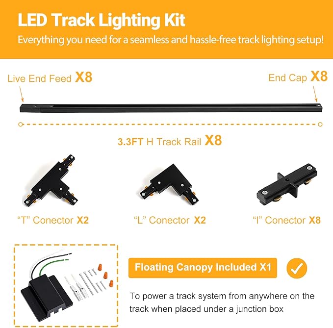 VANoopee 26FT H Track Lighting Rails Black, H Type Track Lighting Kit with Floating Canopy Connector, End Caps, Live End Feeds, I T & L Connectors, Compatible with Single Circuit H Style Track System