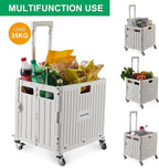 Foldable Utility Cart Folding Portable Rolling Crate Handcart with Durable Heavy Duty Plastic Telescoping Handle Collapsible 4 Rotate Wheels for Travel,Shopping, Luggage, Office, Teacher(White)