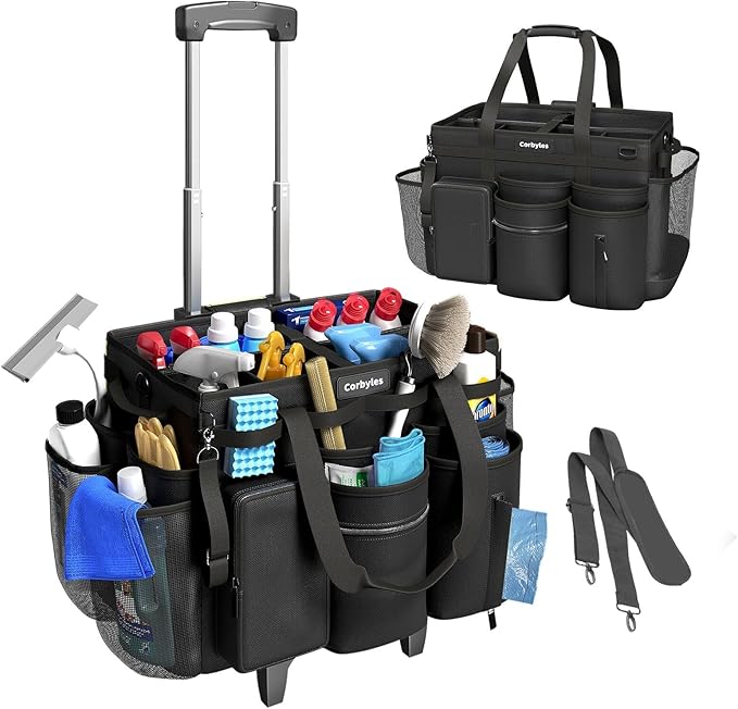 Rolling Cleaning Caddy Bag with Detachable Trolley, Cleaning Supplies Organizer Cart on Wheels, Cleaning Supply Caddy for Housekeepers (Black, 11.5" Dx15.7 Wx13 H)