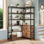6-Shelf Corner Bookshelf, Vintage Industrial Corner Shelf Etagere Bookcase, Large Book Shelf with Metal Frame Open Storage Corner Cabinet (Brown-Lockers)