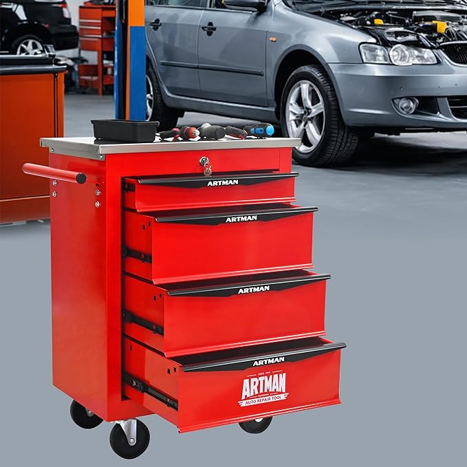 4 Drawer Rolling Tool Chest with Locker, 22.2" D Metal Movable Lockable Tool Cart Box Multi-Functional Hardware Storage Cabinet Box for Warehouse Basement Home Pantry Garage