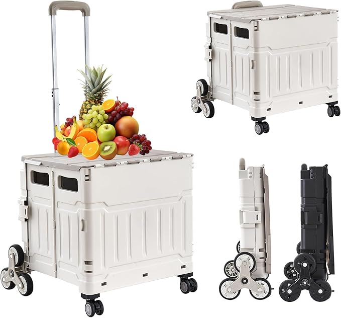Foldable Utility Cart ，Folding Shopping carts，Collapsible cart with Stair Climbing Wheels, 8 Wheel Shopping cart，Collapsible Rolling Crate with Telescoping Handle (Grey, 17.32 * 17.13 * 30.12)