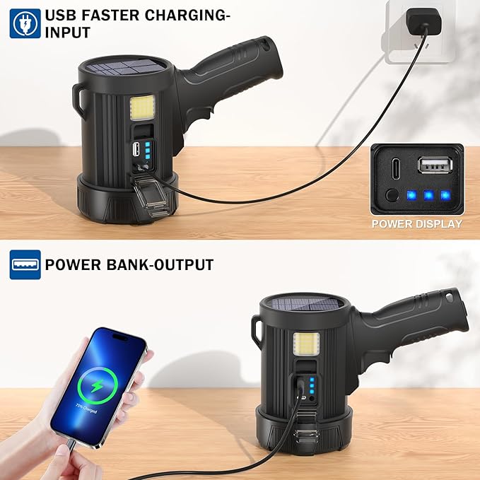 Spotlight Rechargeable, 99,000 Lumens Super Bright Handheld Flashlight, Outdoor Led Spot Light with Cob Light and Solar Panels for Boating Camping Home