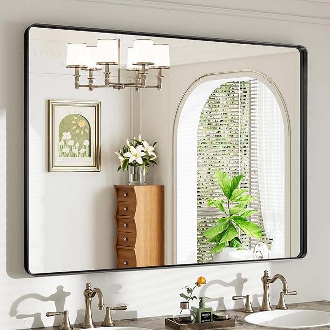 48X36 Black Bathroom Mirror for Over Sink, Metal Framed Vanity Mirror Wall Mounted, Rectangle Mirror for Bedroom Living Room Restroom Entryway, Anti-Rust, HD Tempered Glass