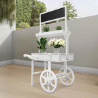Flower Display Stand with Blackboard, 2 Tier Flower Cart Display Rack, Plant Holder Display with Decoration Wheels, Heavy Duty Moving Flower Rack for Patio Garden Living Room Florist(White)