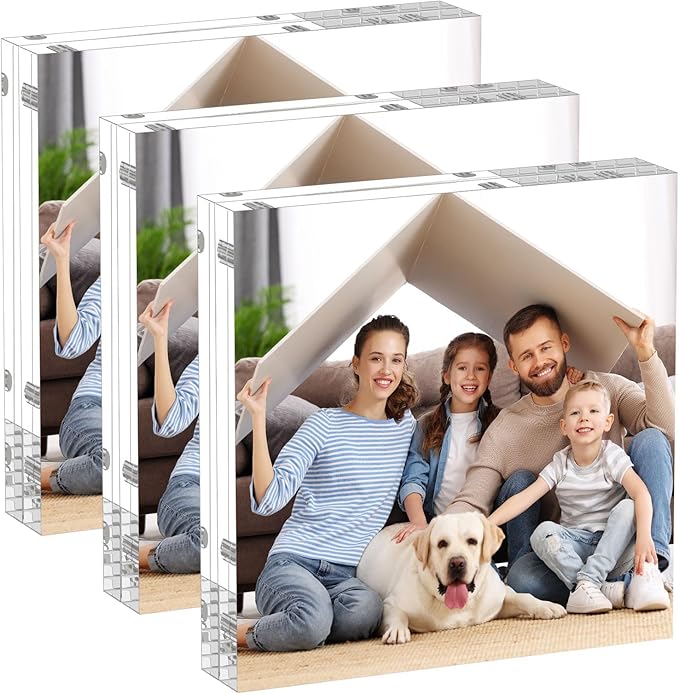 AITEE 5x5 Acrylic Picture Frames 3 Pack, 20% Thicker Block, Clear Picture Frames Freestanding Double Sided Magnetic Acrylic Lucite Frameless Transparent Square Frame Gift for Desktop Display