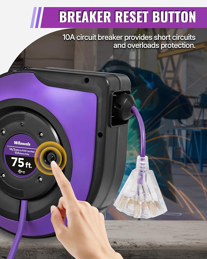 Extension Cord Reel, 75 FT Retractable Extension Cord Reel, 14AWG/3C SJTOW, Lighted Triple, 10A Circuit Breaker, Wall/Ceiling Mounted, Heavy Duty Power Cord, UL Listed, Purple P75CR06