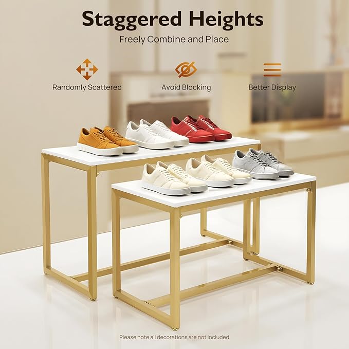 2-Piece Set Metal Shoe Handbag Display Stand, Gold and White Display Stand with 110lbs Load Capacity, Modern Board Storage Rack for Shoes, Handbags, Retail Store, Home Decor