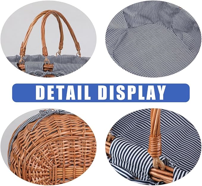 Large Wicker Picnic Basket with Handles,Handle Sturdy Woven Body with Removable and Washable Lining,Outdoor Camping,Gift Packing,Garden Picking, Storage.Gray