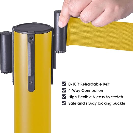 6 Pack Premium Crowd Control Stanchion Set, 40" H Delineator Post with 10' Feet Retractable Belt, Heavy-Duty Base, Safety Rope Barriers for Traffic Queue (Heavy Rubber Base, Yellow)