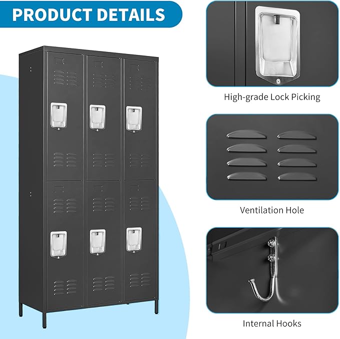 6 Doors Locker Storage Cabinet, Metal Locker for Employees, 72" Tall Lockers for Office School Gym Home, Require Assembly (Black)