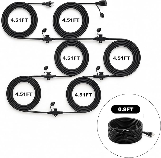 50FT Outdoor Extension Cord,10 Evenly Spaced Outlet Plugs,Black Multiple Outlets with Weatherproof Cover,16/3 SJTW Wire Power Cord.