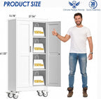 Metal Garage Storage Cabinet with Lock, 61” Tall Lockable File Cabinet with Wheels, Steel Tool Cabinet with 2 Door and 3 Adjustable Shelves, Rolling Cabinet for Home Office Garage Gym - White