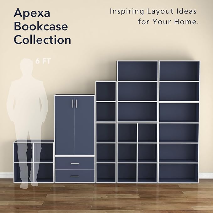 Homes: Inside + Out Apexa 3-Tier Stackable Wood Bookcase with Doors, Cube Storage Organizer Shelves, Small Food Pantry Cabinet, Dorm Teen Room Decor & Bedroom, Home Office, Kitchen, Steel Blue