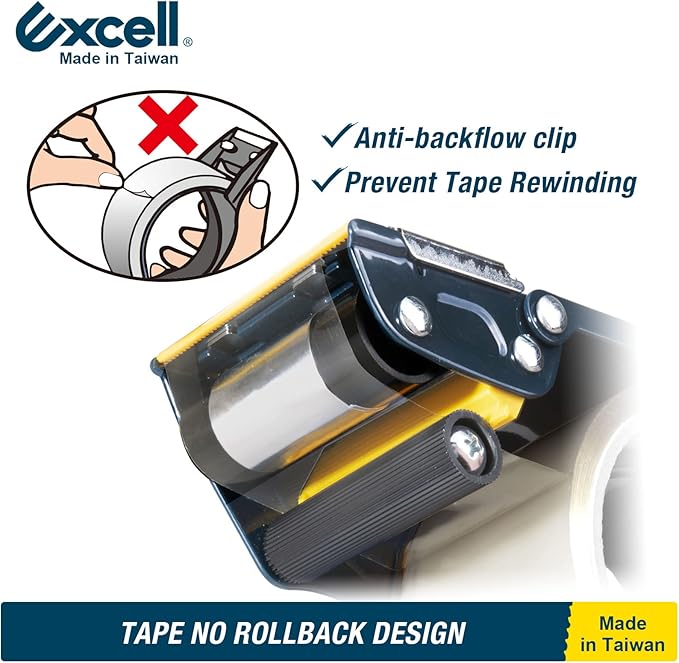 Excell ET-22686 Anti-Backflow Metal Packaging Tape Dispenser (2" Wide) with 2 Roll Tapes for Packaging, Transportation, Moving and Box Sealing Carton (Tape Gun + 2 Tapes)
