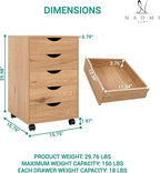 Naomi Home Taylor 5 Drawer Chest, Wood Storage Dresser Cabinet with Wheels, Craft Storage Organization, Makeup Drawer Unit for Closet, Bedroom, Office File Cabinet 180 lbs Total Capacity - Natural