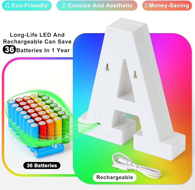 mooncow Rechargeable Light Up Letters,Colorful Marquee Letters with Remote,Gift Wrap Gifts,Bedroom Home Bar Party Decor (O)