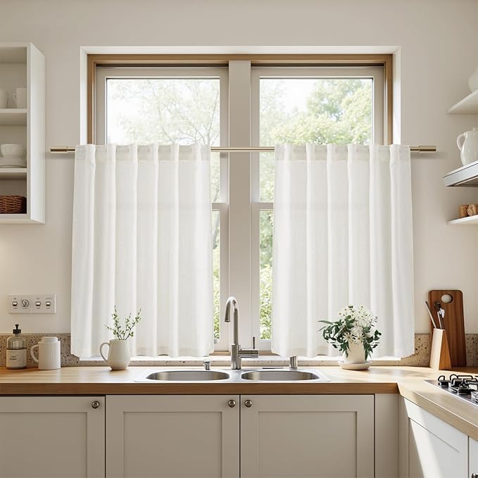 Nanspring 24 Inch Linen Curtains for Kitchen Beige White Small Window Semi Sheer Curtains Back Tab and Rod Pocket Light Filtering Drapes for Basement Short Cafe Curtain 30 x 24 Inch, 2 Panels