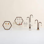 GemeShou 3pcs Wooden stud earring organizer holder, walnut earring hangers with brass base, Small Cute earring display for selling with 9 holes for each【Hexagon frame-3pcs】