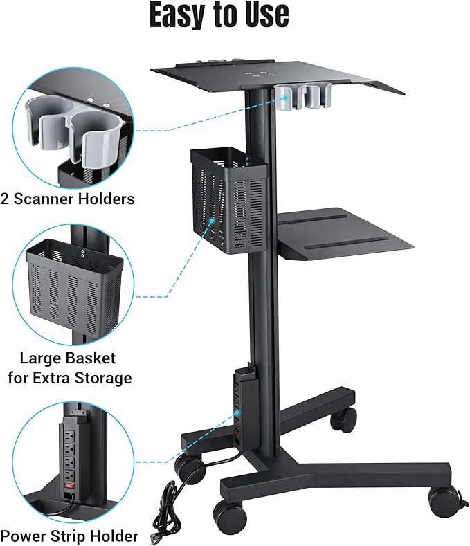Yescom Mobile Laptop Cart Rolling PC Stand Computer Workstation on Wheels with Handle 220 Lbs Capacity CPU Printer Power Strip Holder for Lap School Office Salon Spa Dental