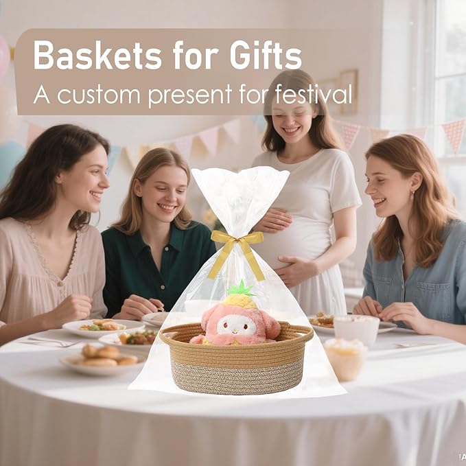 Woven Basket,Small Rope Storage Bin with Handles & Ribbon Bag, Organizer for Shelves Closets,Gift Basket Empty for Birthday,Books,Dog Toys, Jute&Brown