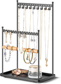 Jewelry Tower Necklace Holder Organizer – 3-Tier Jewelry Display Rack with Storage Tray – Holds 22 Pairs of Earrings, Bracelets, Rings, Necklaces – Gift for Girls & Women, Black