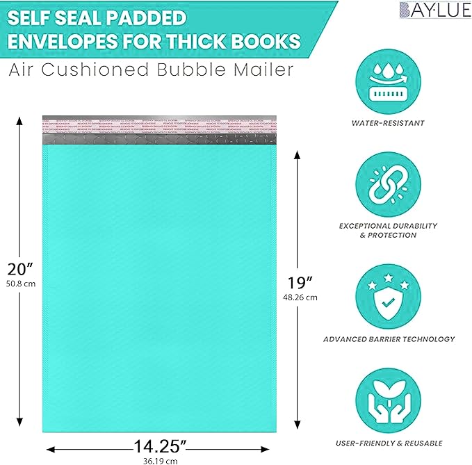 Teal 14.25x20 Inch Poly Bubble Mailers #7 | Self Seal Large Padded Envelopes | Air Cushioned Bubble Mailer | Usable Size 14.25x19 Inch | Waterproof Lightweight Mailing Shipping Bags | 50 Pack Bulk