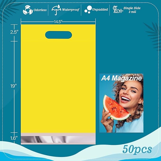 JinRuiKJ Poly Mailers with Handle 14.5x19 Inch 50 Pcs, Easy to Carry Packaging Bags for Small Business, Thank You Shipping Bags with Self Adhesive Strip, Tearproof and Waterproof - Yellow