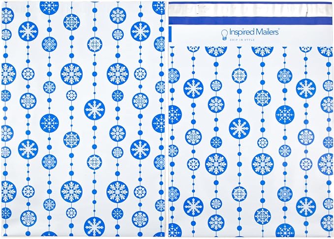 Inspired Mailers - Holiday Poly Mailers 10x13-100 Pack - Snowflake Baubles (Blue) - Mailing Envelopes - Christmas Mailers - Holiday Envelopes