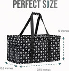 Extra Large Utility Tote Bag - Oversized Collapsible Reusable Wire Frame Rectangular Canvas Basket With Two Exterior Pockets For Beach, Pool, Laundry, Car Trunk, Storage - Dog Paw