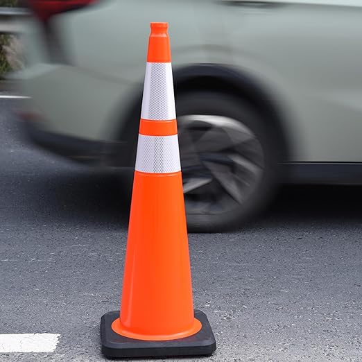6 Pack 36 Inch Orange PVC Traffic Cones with Black Base, Stable Large Size Safety Cones for Highway, Construction, and Outdoor Use (6, Orange, 36 Inch)
