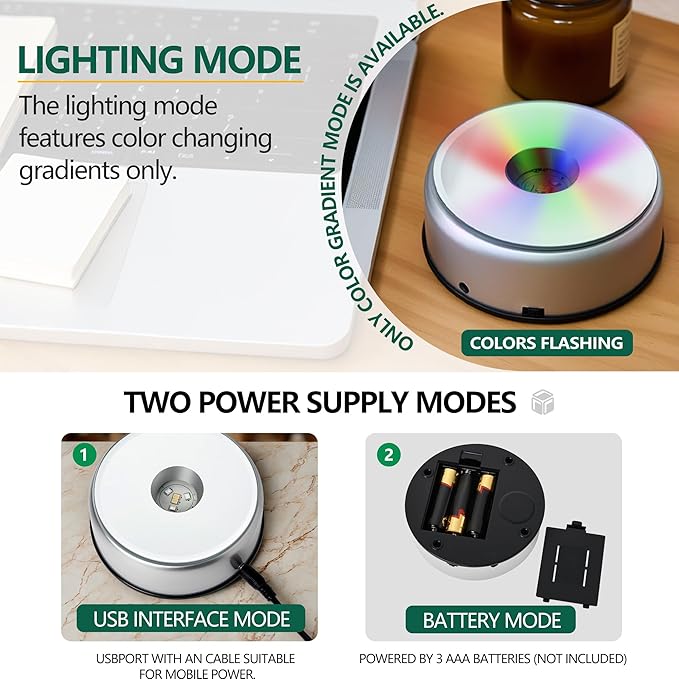 ZEERSHEE 3.9in LED Rotating Display Stand Colorful Changing Illuminated Base 360 Degree Display Spinner for Glass Art Crystals Jewelry Craft