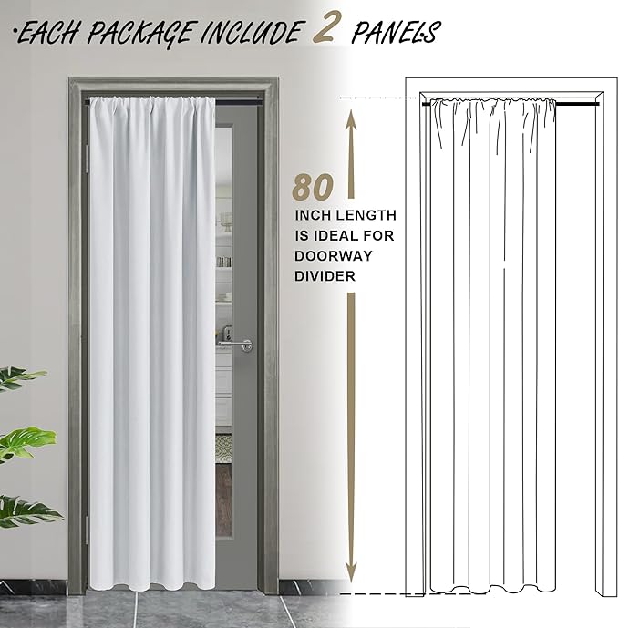 JIUZHEN 80 Inch Length Door Curtains for Doorway, Thermal Insulated Room Darkening Curtains with Tiebacks, Rod Pocket Curtain for Bedroom Living Room Door, 2 Panels, 42" x 80", Greyish White