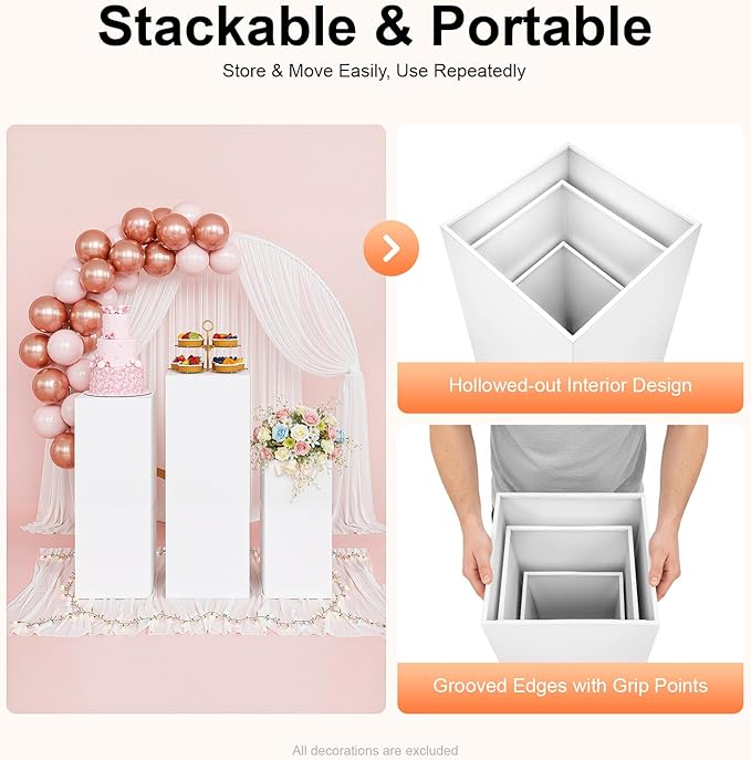 3PCS Metal Square Display Pedestal Stand for Parties White Square Tall Pedestal Cake Stands Pillars for Wedding Sturdy Pedestals Display Dessert Table Sculpture Display Stand Column Decoration