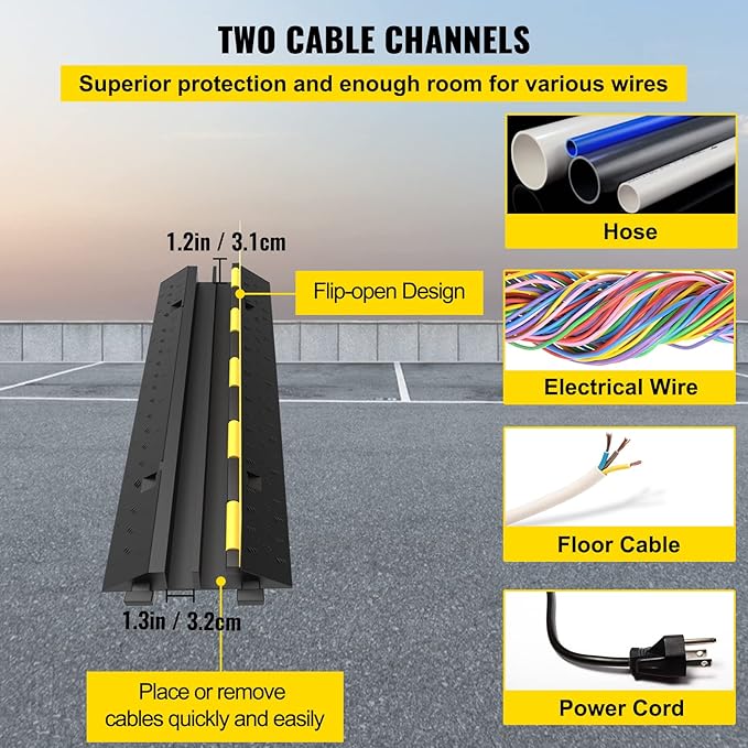 VEVOR 3 PCs Rubber Cable Protector Ramp, 2 Channel, 11000 lbs/axle Capacity Heavy Duty Hose Wire Cover Ramp Driveway, Traffic Speed Bump w/Flip-Open Top Cover, for Indoor&Outdoor
