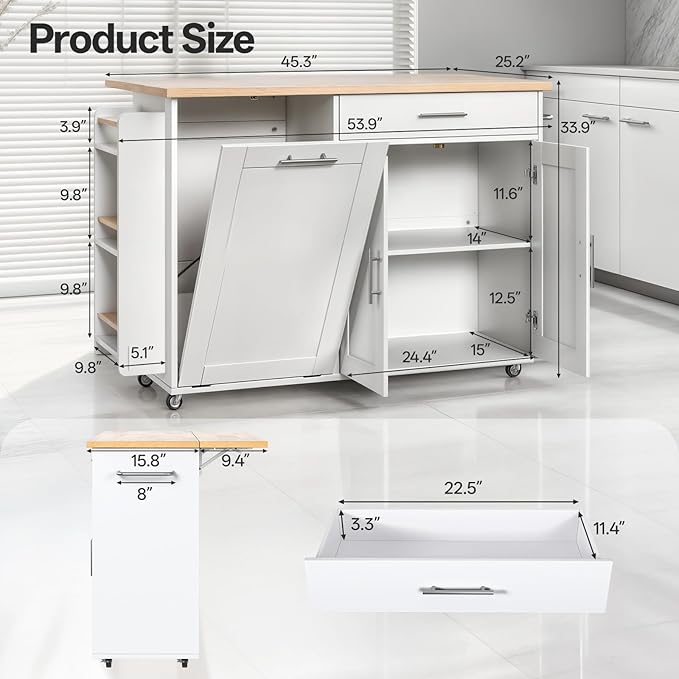 53.9" Rolling Kitchen Island Cart with Drop Leaf & Storage - Mobile Kitchen Organizer with Wheels, Rubberwood Top, Trash Bin Cabinet & Towel Rack, White Farmhouse Style for Small Spaces
