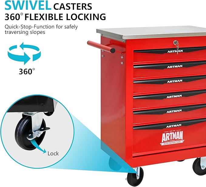 6 Drawers Tool Cart on Wheels with Stainless Steel Worktop, Heavy Duty Mobile Rolling Drawer Tool Chest with Locking Wheels & Lockable Drawers, Garage Tool Storage Cabinet (Red, 6 Drawers)