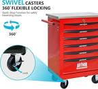 6 Drawers Tool Cart on Wheels with Stainless Steel Worktop, Heavy Duty Mobile Rolling Drawer Tool Chest with Locking Wheels & Lockable Drawers, Garage Tool Storage Cabinet (Red, 6 Drawers)