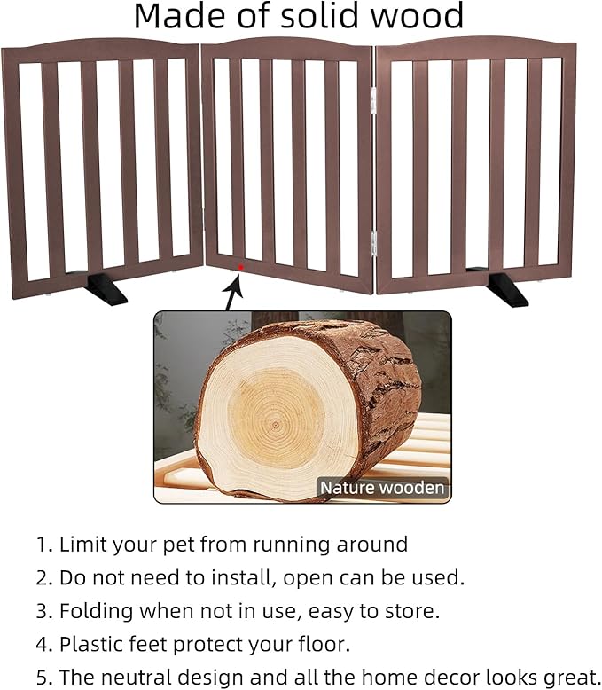 Freestanding Dog Gate Indoor,Doggie Gate Foldable Pet Gates for Doorways,Stairs or Hallways, Wooden Brown Pet Gate for The House, Pet Fence with Support Feet Included,24 "Height-3 Panels