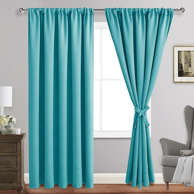 JIUZHEN Blackout Curtains for Bedroom - Thermal Insulated Room Darkening Rod Pocket Curtains for Living Room, Set of 2 Panels with Tiebacks, 70 x 96 Inch Length, Turquoise