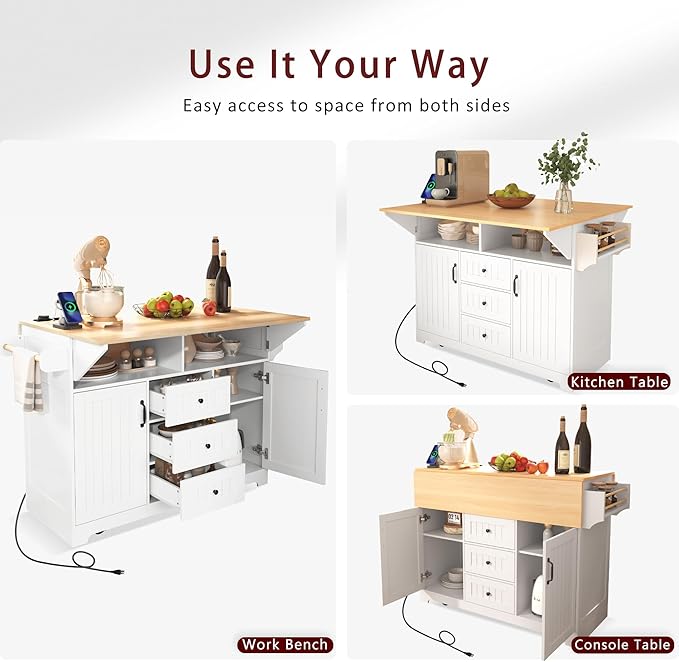 Merax 55.7" Upgraded Large Kitchen Cart Island on Wheels with 2 Drop Leaf,Power Outlet,3 Drawers,Wood Storage Cabinet