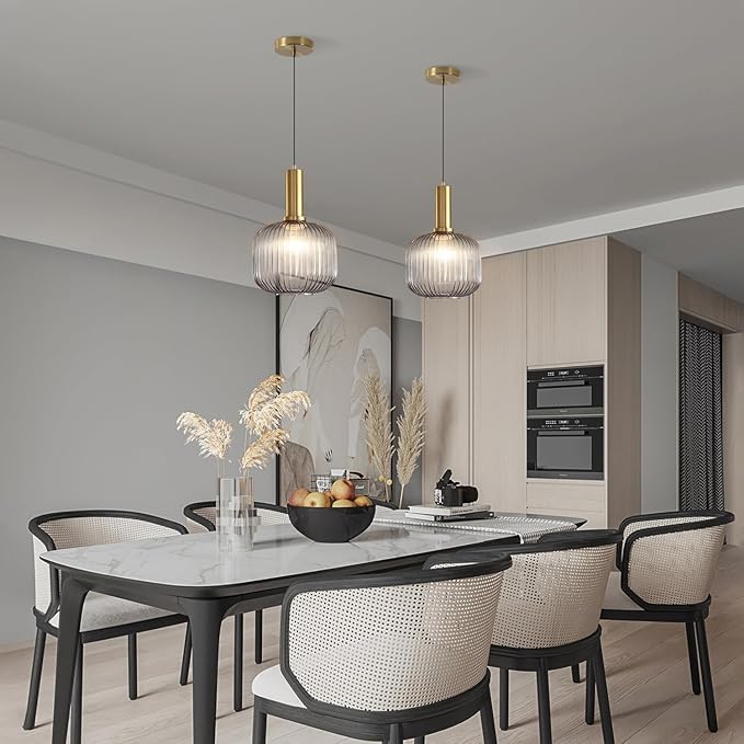 KCO Lighting Mid Century Smoke Glass Pendant Light Antique Brass Kitchen Island Pendant Lighting Modern Striped Glass Globe Hanging Light Large Industrial Pendant Light Fixture